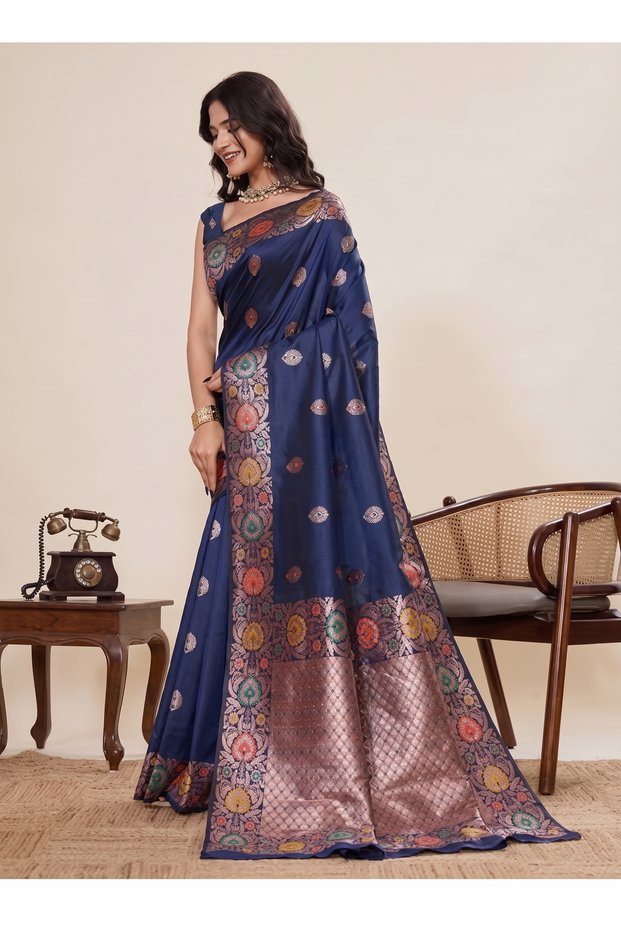Generic Premium Banarasi Silk Saree with Silver Zari & Meenakari Weaving | Pre-Stitched Fall & Pico Stitched |