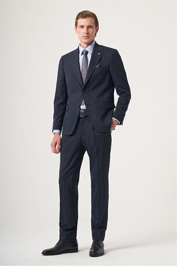 Navy Blue Mono Collar Striped 6 Drop Slim Fit Full Lining Flexible Suit 1001260149