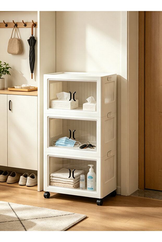 2 3 4 5 Tier Stackable Storage Cabinet with Wheels, White Plastic Foldable Rolling Organizer with Clear Doors, Multi-layer Home Storage Chest