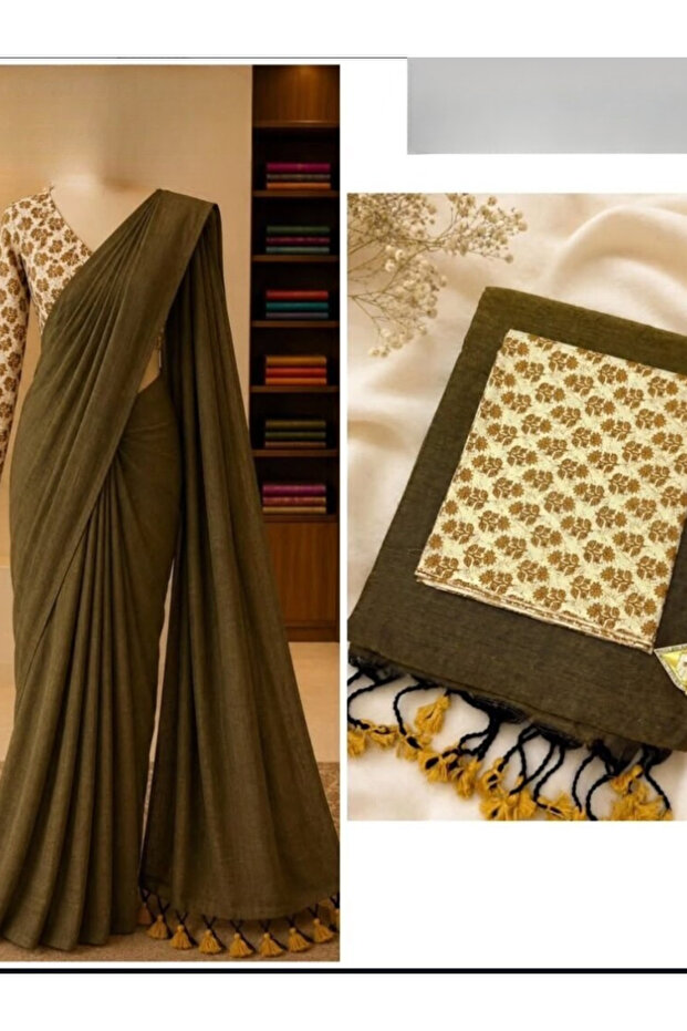 Green Khadi Cotton Saree with Floral Printed Blouse - EFS9647 | Green-1-Size-0