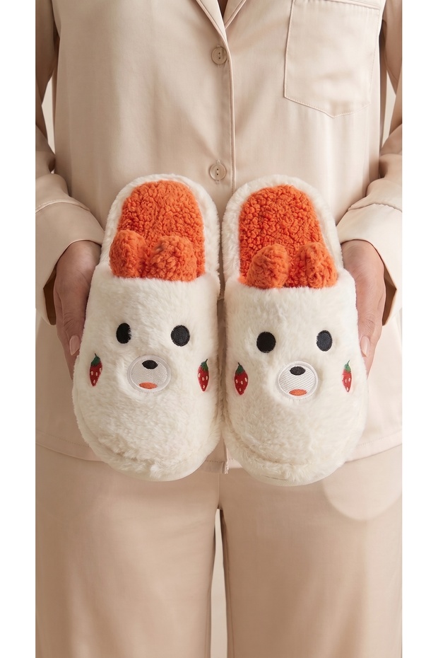 Women's Orange Strawberry Embroidered Ear-Detailed House Slippers 3 cm Byndci̇lpan01
