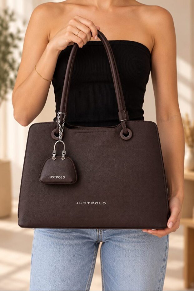 Women's Hand and Shoulder Bag Saffiano Patterned Multi-Compartment Mini Accessory Bag Dark Brown