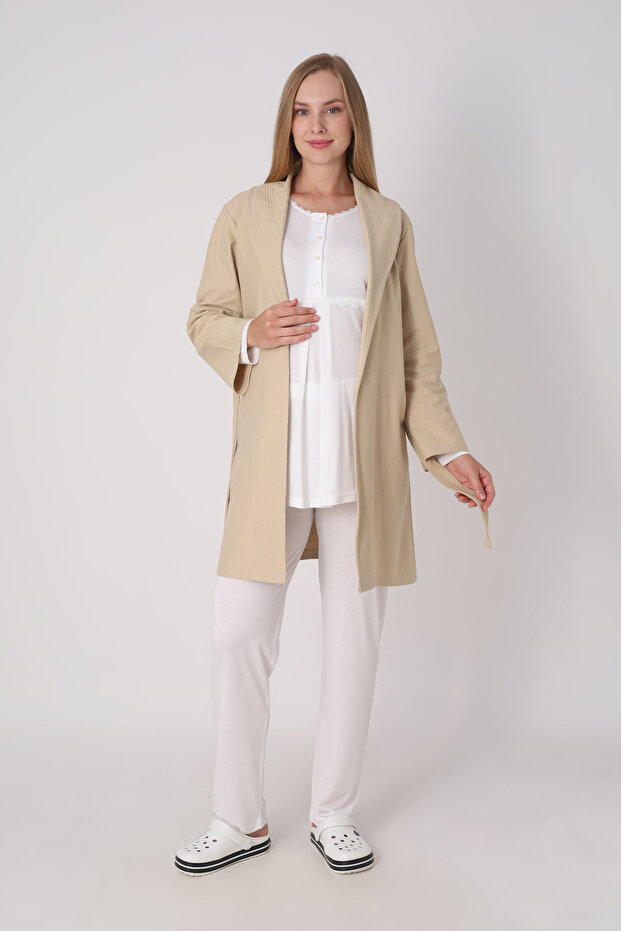 Maternity Pajama and Robe Set – 3-Piece Winter Maternity Set, Thick Textured Robe and 4-Button Closure