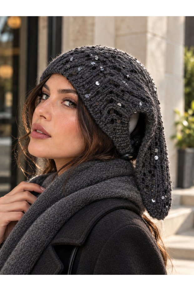 Women's Anthracite Button Detailed Sequined Hand Knitted Beanie Bere1155