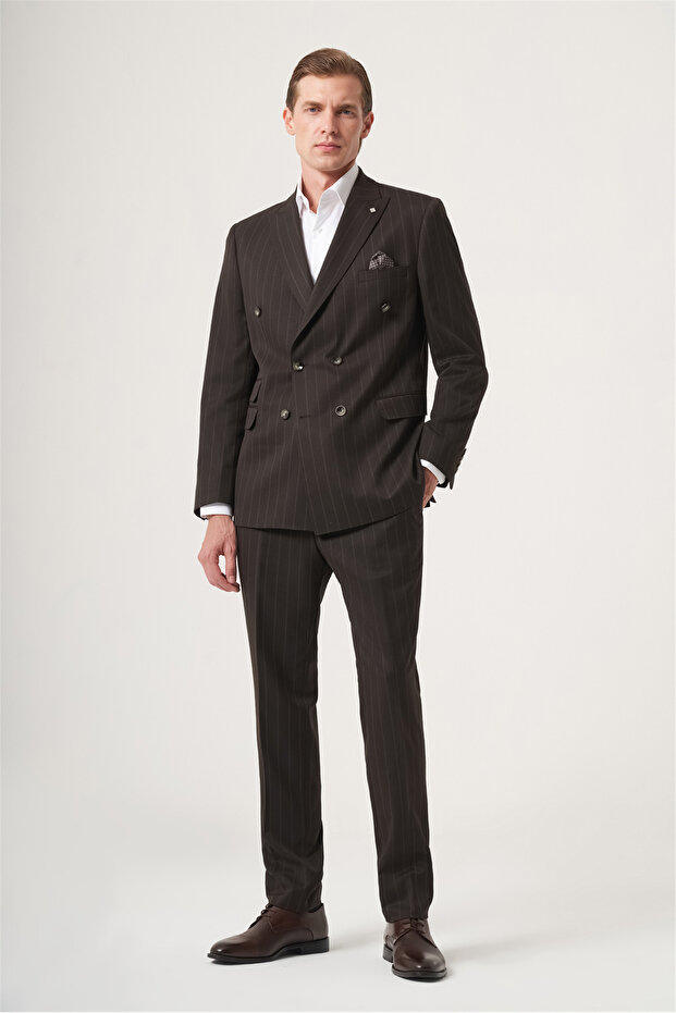 Brown Swallow Collar Striped Double Breasted 6 Drop Slim Fit Full Lining Flexible Suit 1001260286