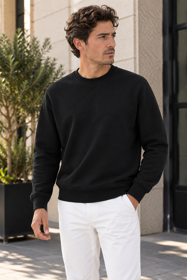 3 Thread Quality Combed Cotton Fabric Men's Crew Neck Black Sweat Sweatshirt