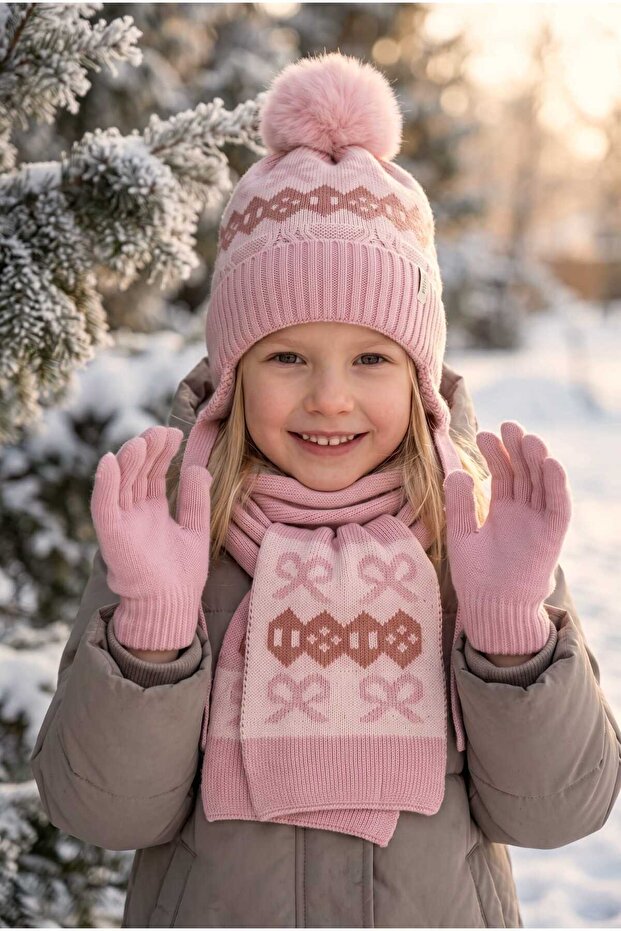 Kitti 4-8 Years Old Girls' Lined Scarf, Beanie, Gloves 3-Piece Set