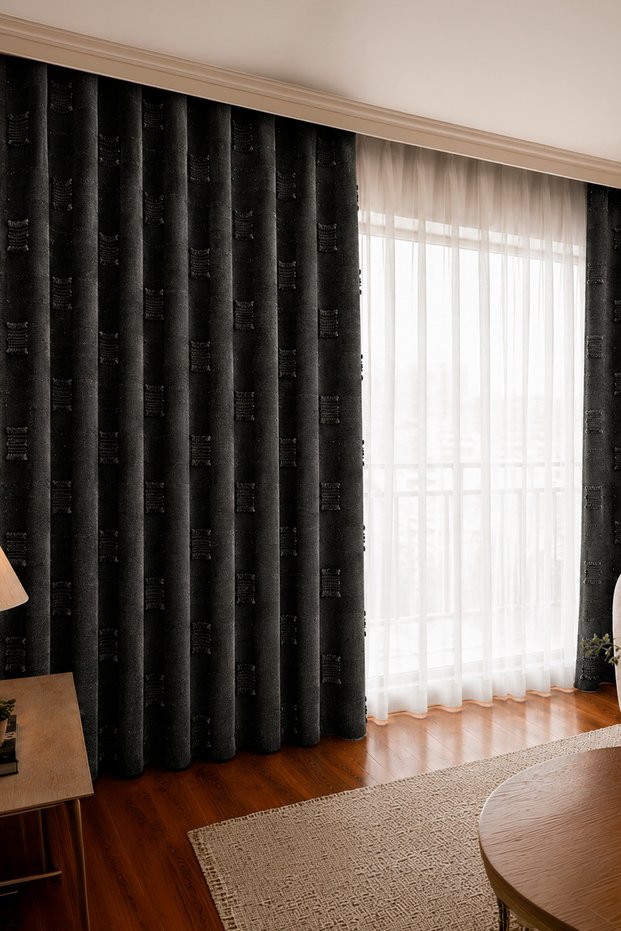 Milano Series Embossed Textured Background Curtain Black | Drawstring Extra Foam, Cornice Compatible Background Curtain