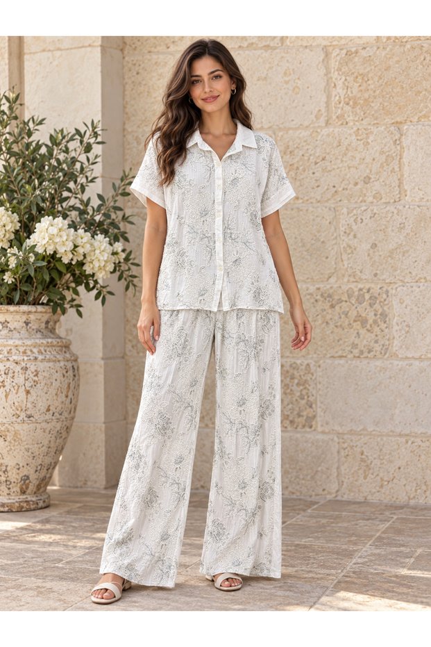 Women's Italian Short Sleeve Embossed Shirt and Trousers Set 44-48