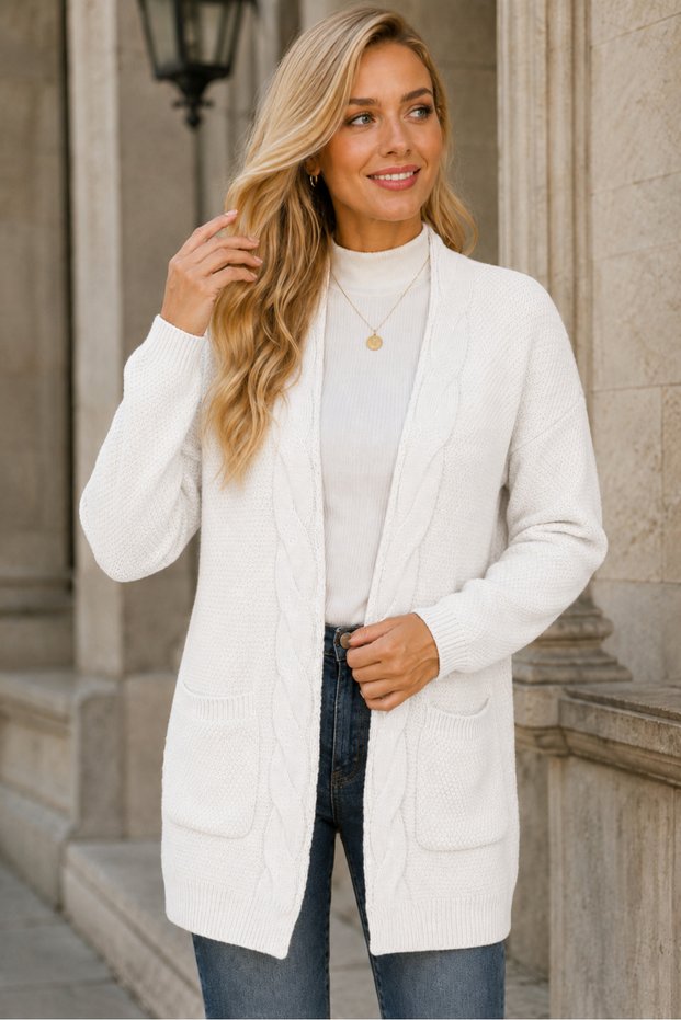 Women's Long Sleeve Open Front Pocket Hair Braided Casual Fit Stylish Daily White Knitwear Cardigan