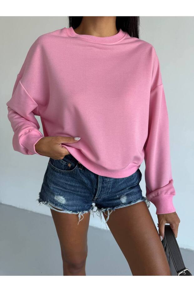 Women's Candy Pink Crew Neck Oversize Two-Thread Non-Fleece Sweatshirt