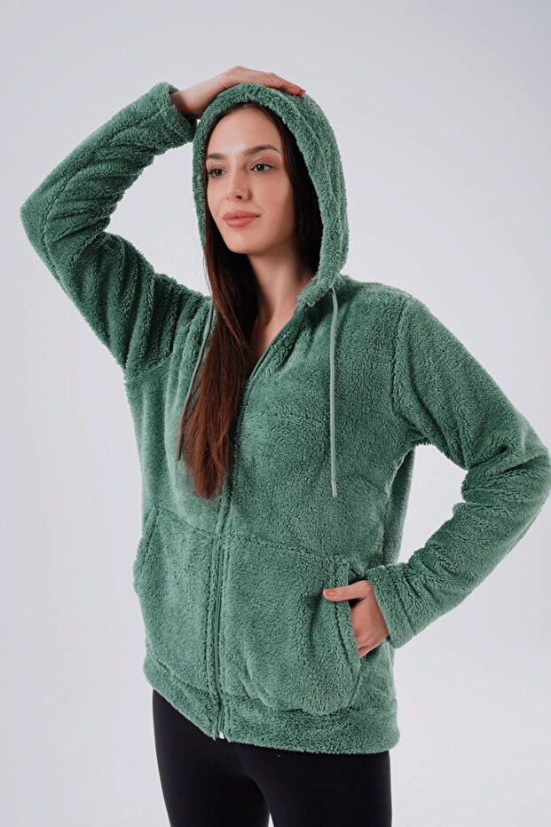 Emerald Green Hooded Plush Jacket Cardigan