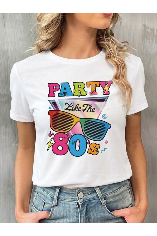 Party Like the 80's Printed Colorful Retro Glasses Design 80S Trendy Fashion Printed Oversize T-Shirt