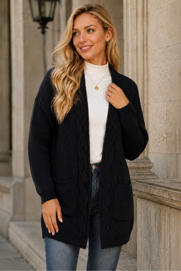 Women's Long Sleeve Open Front Pocket Hair Braided Casual Fit Stylish Daily Black Knitwear Cardigan