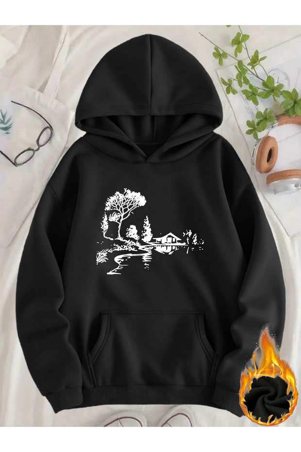 Unisex Women's Printed Hooded Kangaroo Pocket Comfortable Fit Regular Cut Sweatshirt