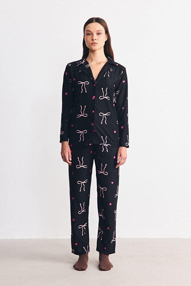 Suede Textured Shirt Collar Pajama Set with Bow