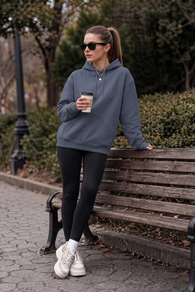 Women's Winter 3-Strand Fleece Hooded Oversize Sweatshirt with Cut-Out Pockets