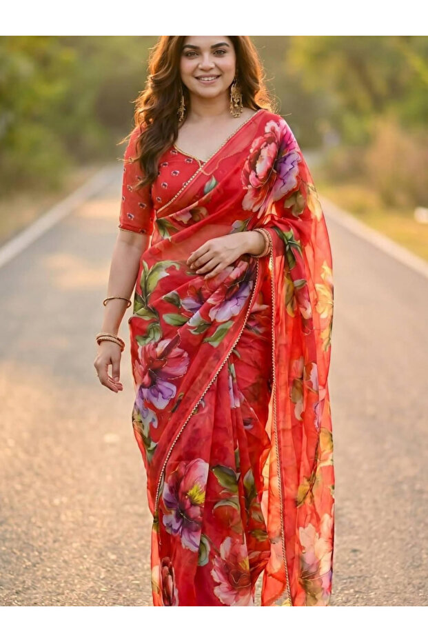 Red Floral Print Soft Georgette Saree - FFT8938 | Red-Size-0