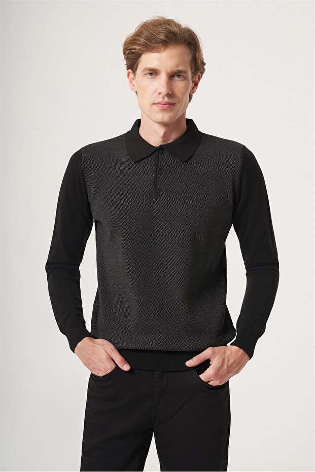 Black-Smoked Polo Collar Long Sleeve Knitted Comfort Fit Cotton Sweater 1012265153