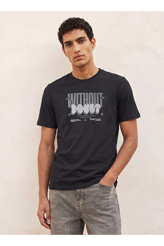Basic Slim Fit Crew Neck Short Sleeves Slogan Print T-shirt
