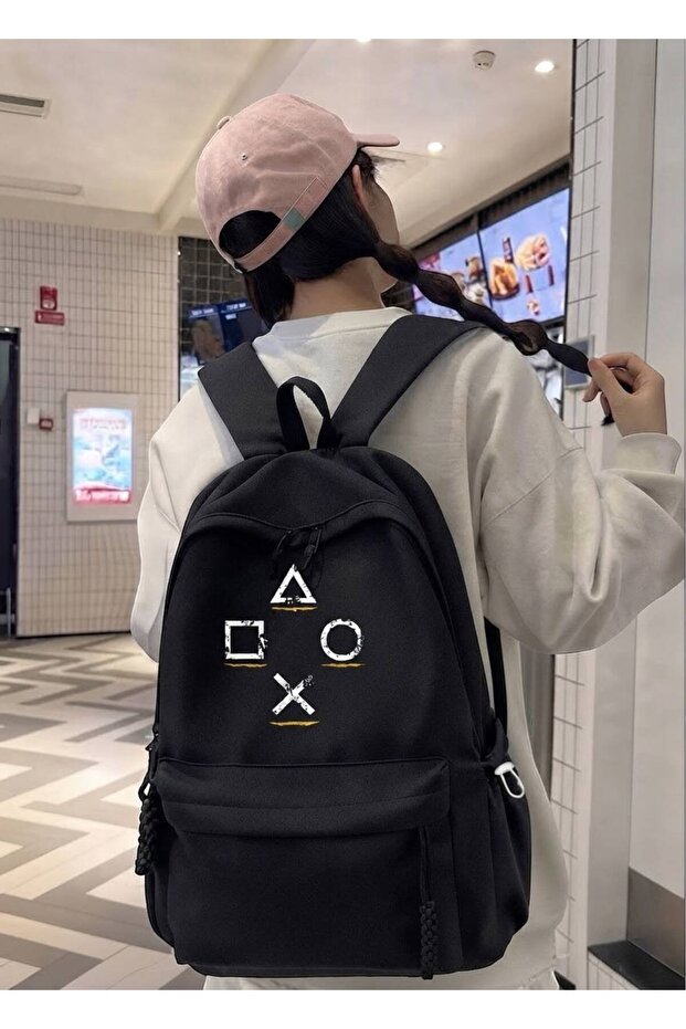 Black Unisex Playstation Themed Console Icon Fabric Travel and School Backpack