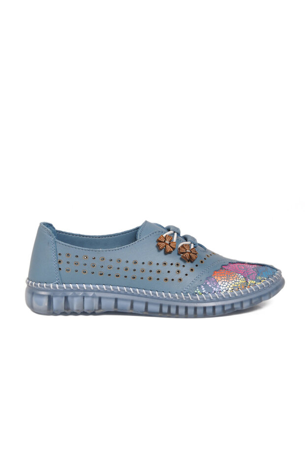 Blue Genuine Leather Anatomical Comfortable Sole Perforated Patterned Women's Casual Shoes 2026-1