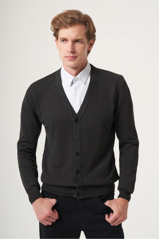 Smoked V-Neck Long Sleeve Knitted Comfort Fit Cotton Cardigan Knitwear 1012265016