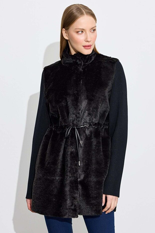 Knitted sleeve detail suede coat black