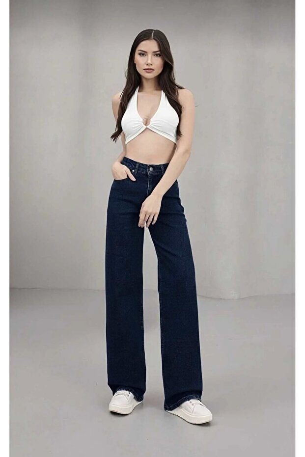 Broke High Waist Navy Blue Extra High Waist Jean Lycra Soft Palazzo