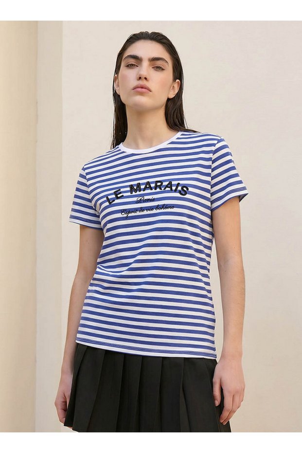 Youth Striped Cotton T-shirt with Embroidery