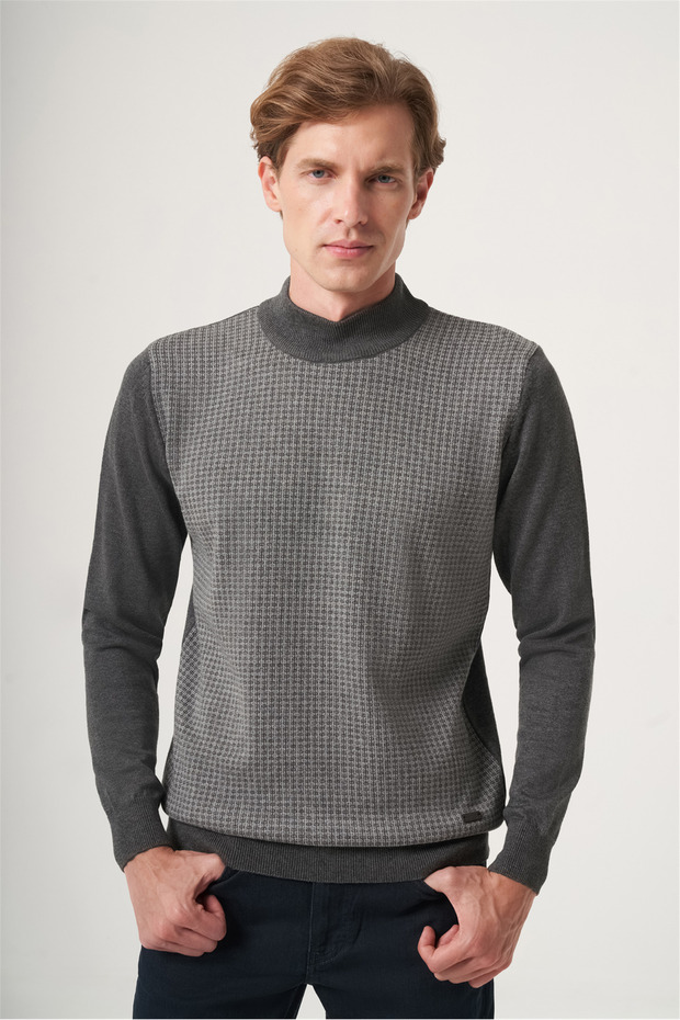 Smoked Gray Turtleneck Long Sleeve Knitted Comfort Fit Cotton Sweater 1012265152