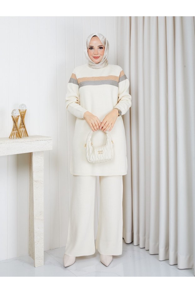 Knitted Glitter Striped Knitwear Tunic Pants Set