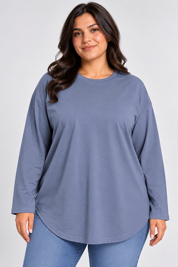 Women's Plus Size Crew Neck Long Sleeve Oval Hem Tunic T-Shirt Spr26Btk992