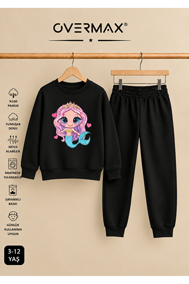 Mermaid Printed Hoodless Sweatshirt Tracksuit Set – Ages 3-12