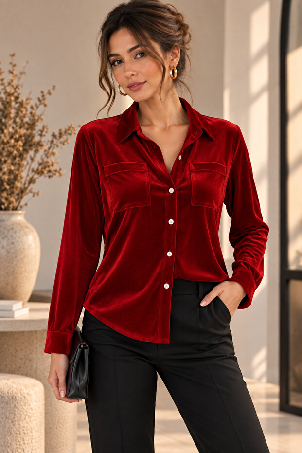 Women's Long Sleeve Collared Front Buttoned Velvet Shirt with Pocket Detail