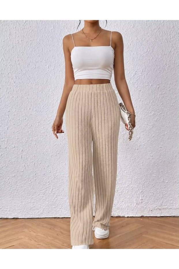 Women's Beige Ribbed Knitted Fabric Relaxed Fit Wide Leg Pants