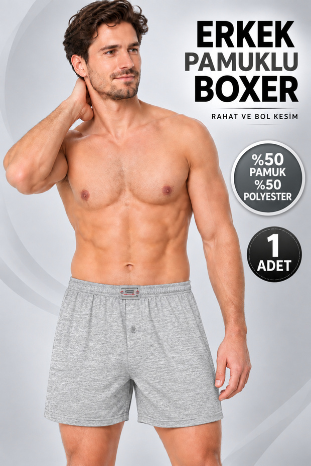 Men's Boxer 50% Cotton 50% Polyester (Seher Yetikili Satıcısı) 1 Piece Combed Cotton Buttoned Boxer - Gray