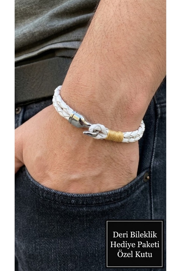 Lumero Ivoryknot White Leather Men's Bracelet - Gold Tone Wrap and Metal Hook