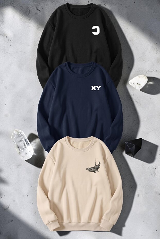 Unisex Mixed Printed Crew Neck Sweatshirt Set – Pack of 3
