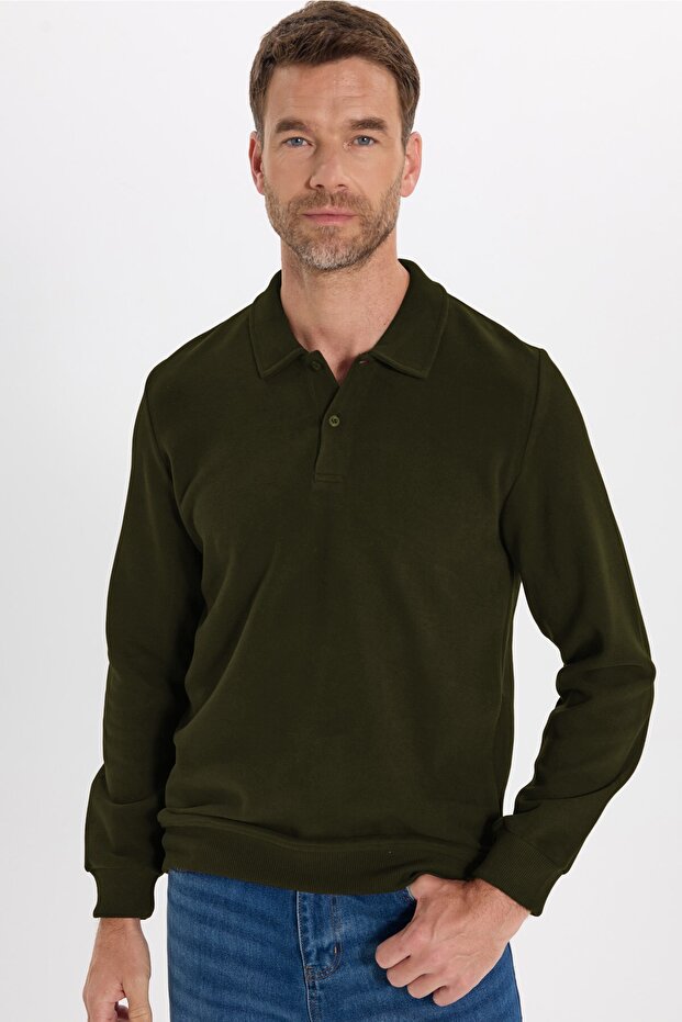 Men's Regular Fit Classic Cut Thessaloniki Fabric Khaki Polo Collar Sweatshirt
