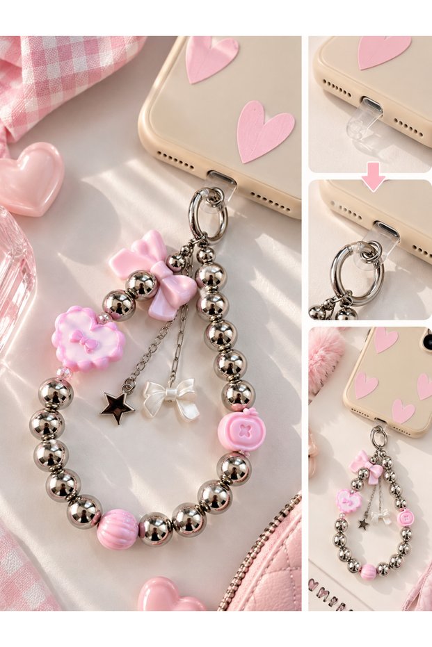 Pink Bow Phone Charm Phone Strap Phone Lanyard Phone Ornament Y2K Korean Style Beaded Bag Charm Accessory