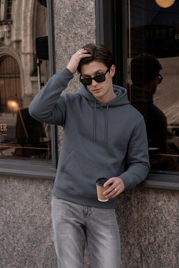 Men's Winter Thick Fleece Lined Soft Textured Hooded Oversize Sweatshirt with Side Pockets
