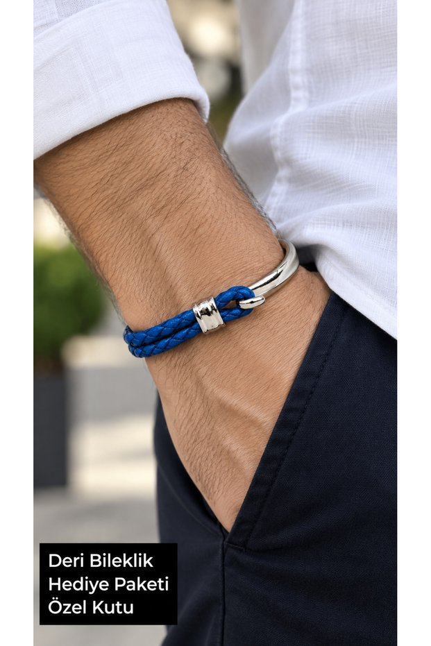 Arvelis Blueharbor Blue Leather Men's Bracelet - Silver Tone Half Metal Mesh