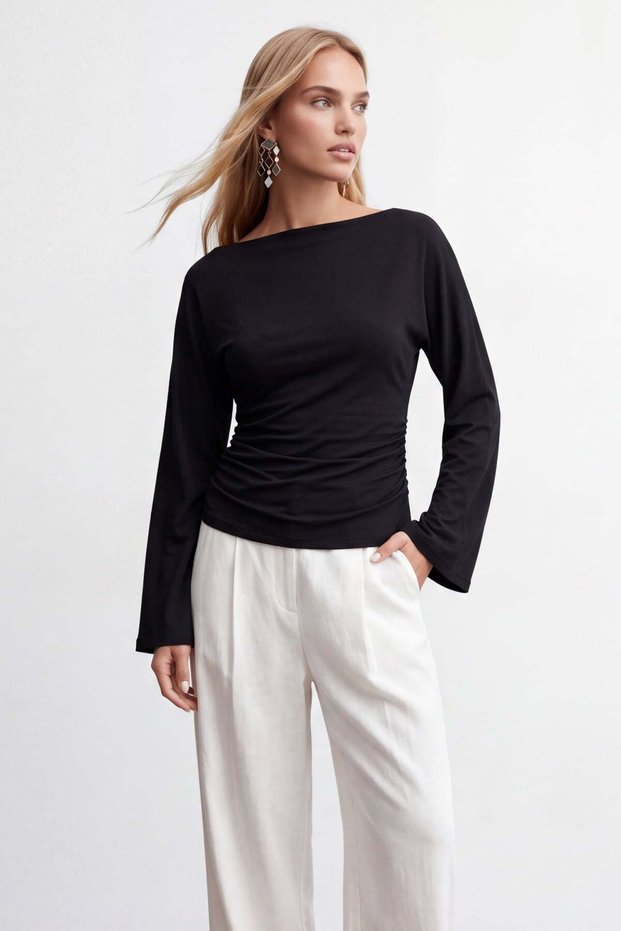 Women's Black Boat Neck Draped Waist Blouse Alc-X15864