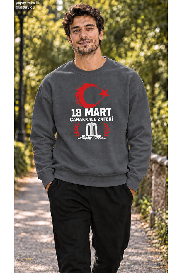 Men's Canakkale Martyrs Memorial and Moon Star Printed Crew Neck Casual Regular Fit Sweatshirt