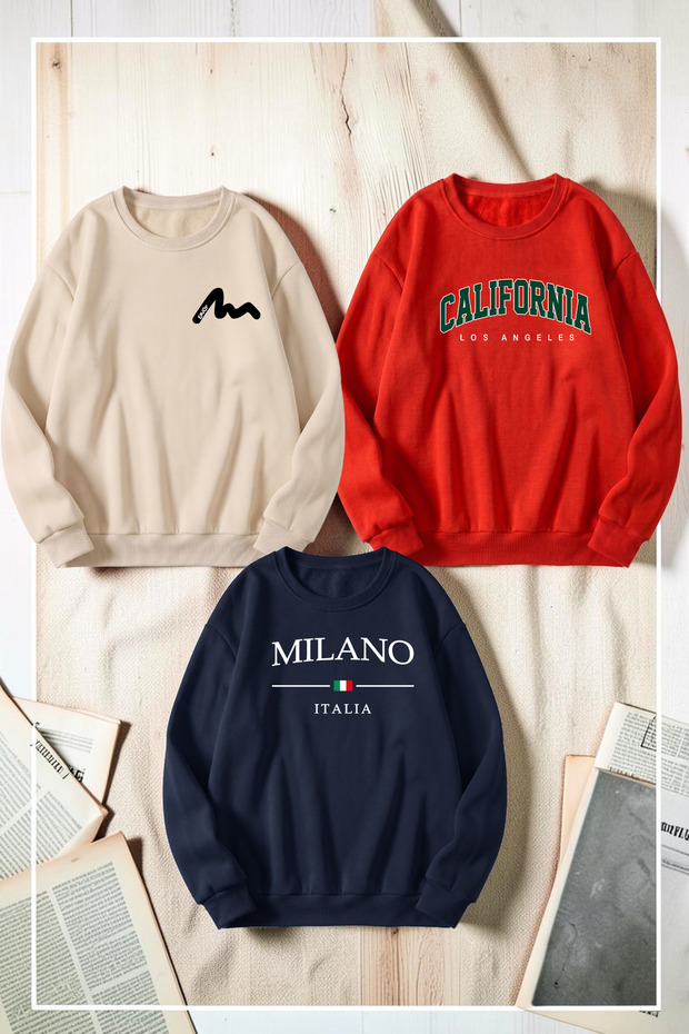 Unisex Mixed Printed Crew Neck Sweatshirt Set – Pack of 3