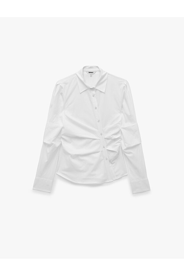 Slim Fit Cotton Long Sleeve Draped Asymmetrical Button Detailed Shirt
