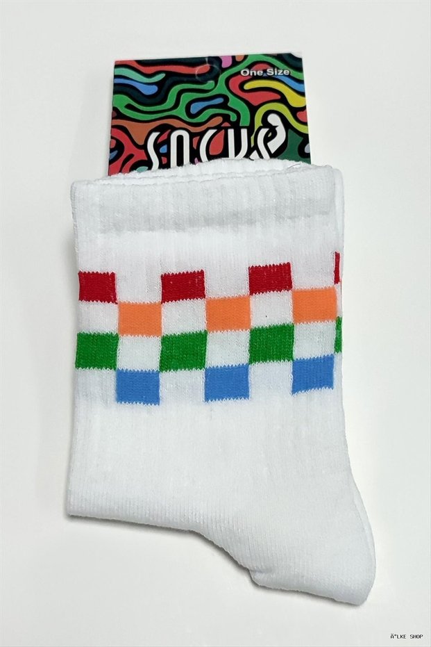 Ilkestor Colorful Cube Patterned College Socks (141909) 8X28 White
