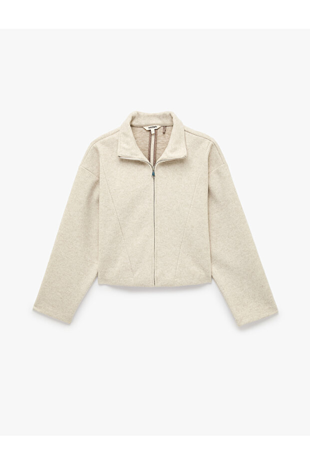 Zippered Stitching Detailed Stand Collar Long Sleeve Seasonal Cashmere Jacket