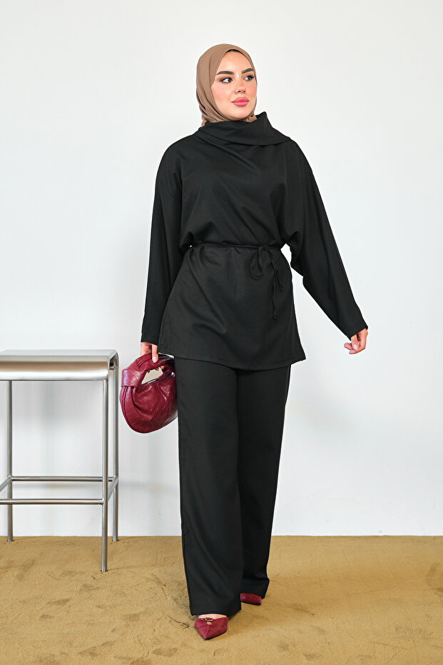 Women's Tissue Collar Bat Sleeve Trouser Suit Black